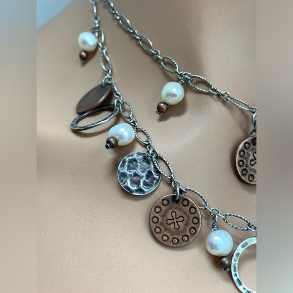 Silpada Vintage Sterling, Copper Coin & Freshwater Pearl 2-Tiered Link Necklace - Picture 3 of 15